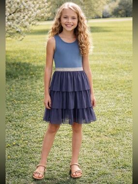 Hanna Anderson Girls Navy dress Tulle Spin Dress 140 - size 10 sparkle band